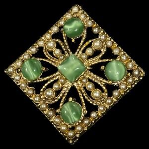 Vintage Gold Tone Faux Pearl Green Statement Brooch Square Hollywood Regency
